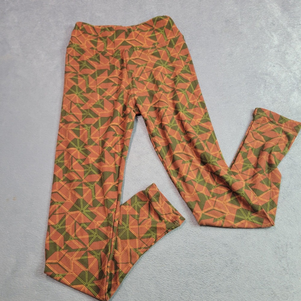 LuLaRoe Leggings Girls Tween Rust Olive Geometric Mosaic Buttery Soft Yoga Waist